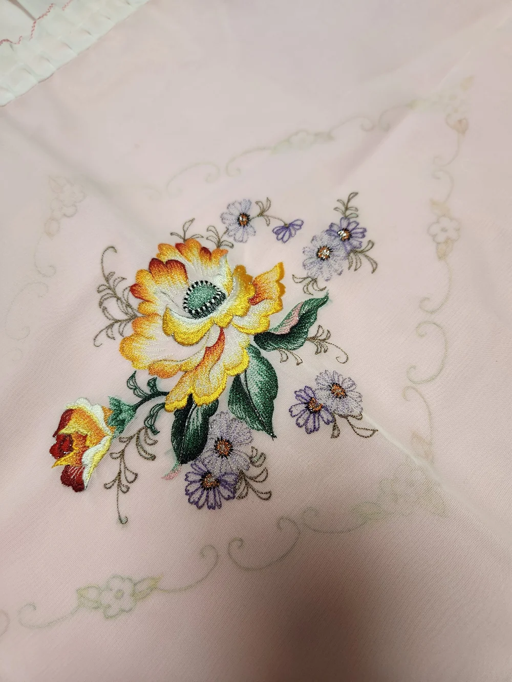 Vintage Pink Floral Embroidered Pillow Sham with White Ruffle